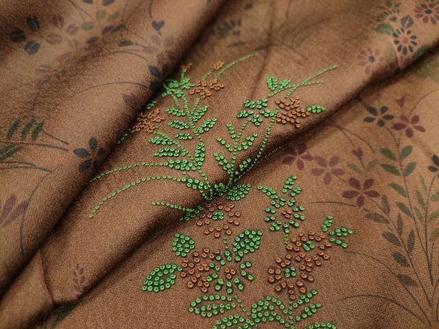 平和屋着物●中国三大刺繍 相良刺繍 訪問着 草花文 カラー胴裏:濃藍色 正絹 逸品 DAAW5505ud