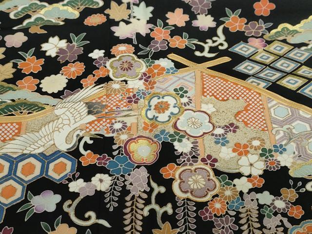 平和屋着物●豪華黒留袖 駒刺繍 吉祥飛鶴草花文 金彩 無落款 正絹 逸品 DAAW5676ud