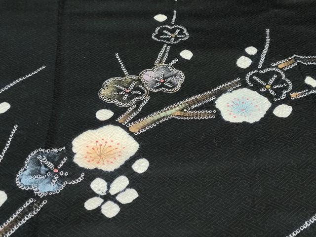 平和屋着物●訪問着 駒刺繍 絞り 枝梅文 黒地 金彩 正絹 逸品 DAAW5774ud
