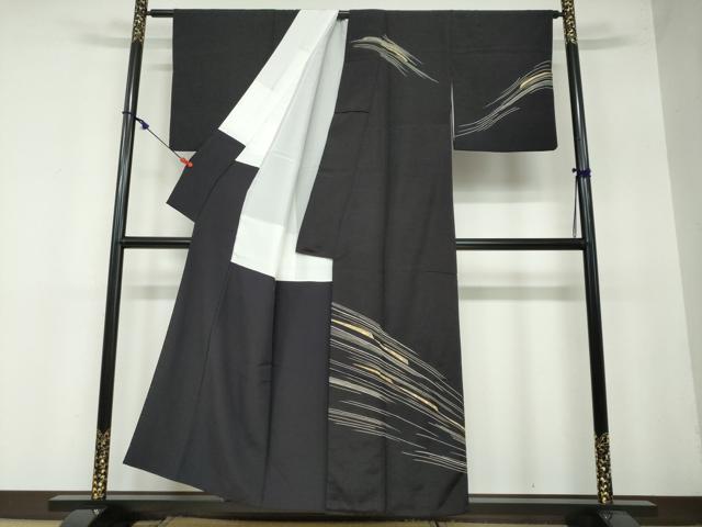 平和屋着物●訪問着 長浜みなも 上代紬 草花文 黒地 金彩 正絹 逸品 DAAW5833ud