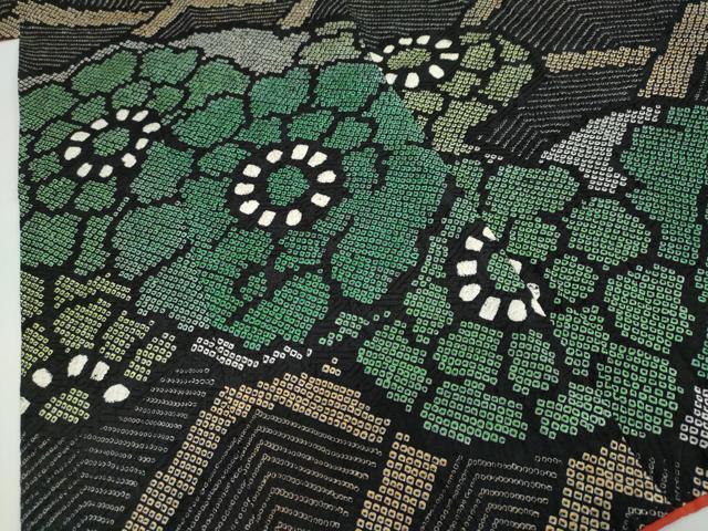 平和屋着物●豪華振袖 総絞り 草花文 黒地 正絹 逸品 DAAW5843ud