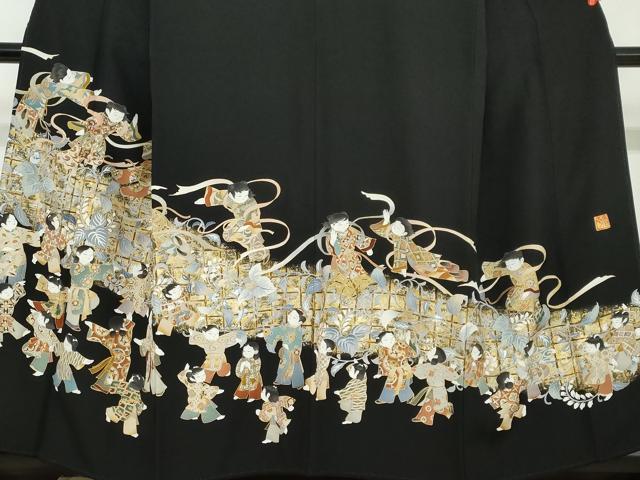 平和屋着物●金彩友禅作家 金彩の魔術師 堀省平 金煌織 黒留袖 童子遊び 金銀彩 正絹 逸品 DAAW5949ud
