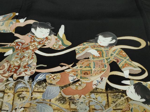 平和屋着物●金彩友禅作家 金彩の魔術師 堀省平 金煌織 黒留袖 童子遊び 金銀彩 正絹 逸品 DAAW5949ud