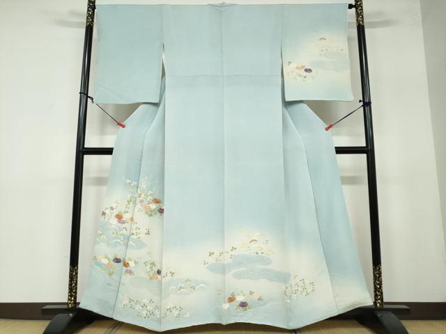 平和屋着物●訪問着 刺繍 流水草花文 暈し染め 鬼しぼ縮緬 正絹 逸品 DAAW5951ud