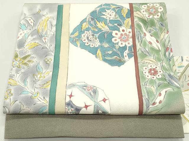平和屋着物●塩瀬 九寸名古屋帯 手描き 更紗花唐草文 正絹 逸品 DAAW6571ob
