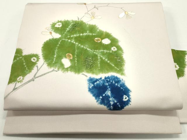 平和屋着物●塩瀬 九寸名古屋帯 駒刺繍 草花文 薄梅鼠色 金糸 正絹 逸品 DAAW6607ob