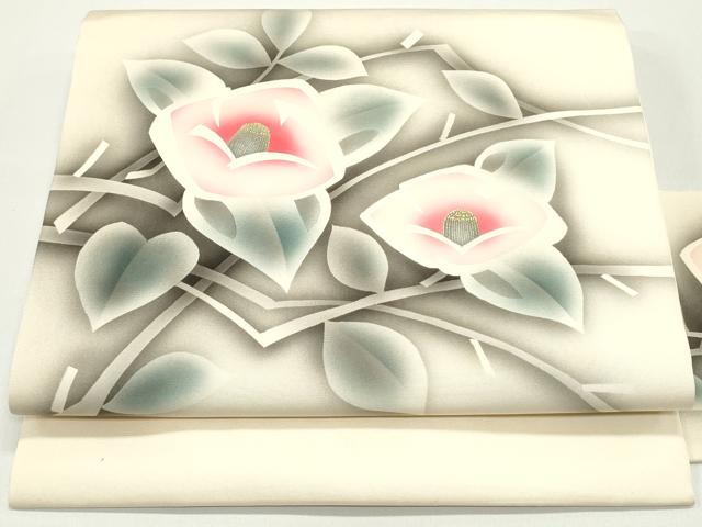 平和屋着物●塩瀬 九寸名古屋帯 手描き 枝椿文 薄卵色 金彩 正絹 逸品 DAAW6655ob