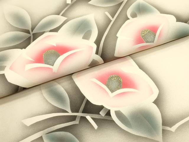 平和屋着物●塩瀬 九寸名古屋帯 手描き 枝椿文 薄卵色 金彩 正絹 逸品 DAAW6655ob