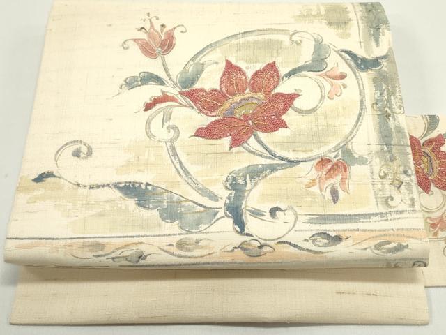 平和屋着物●中国三大刺繍 相良刺繍 九寸名古屋帯 手描き 生紬 花唐草文 象牙色 金彩 正絹 逸品 DAAW6688ob