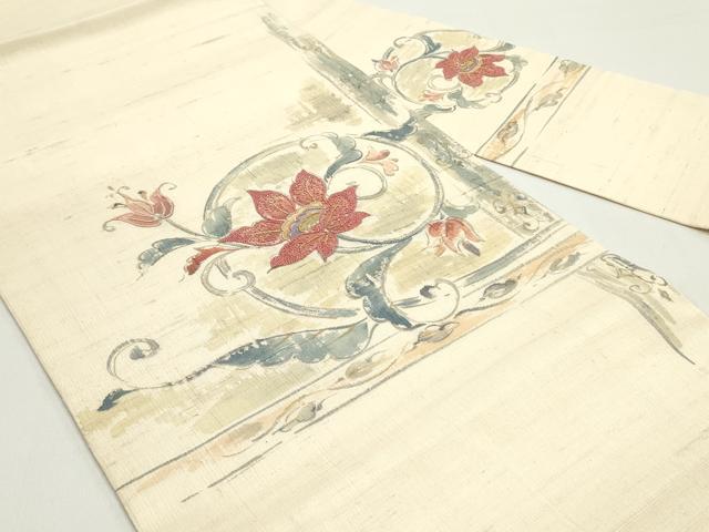 平和屋着物●中国三大刺繍 相良刺繍 九寸名古屋帯 手描き 生紬 花唐草文 象牙色 金彩 正絹 逸品 DAAW6688ob
