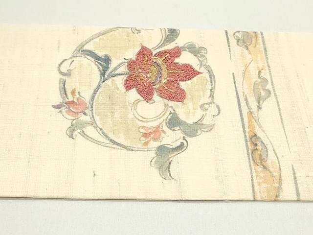 平和屋着物●中国三大刺繍 相良刺繍 九寸名古屋帯 手描き 生紬 花唐草文 象牙色 金彩 正絹 逸品 DAAW6688ob