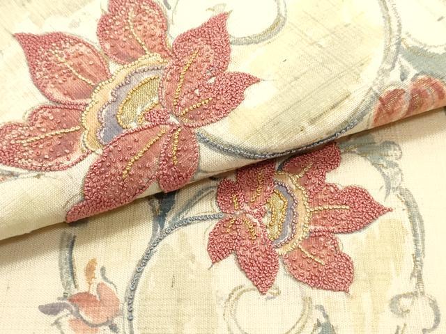 平和屋着物●中国三大刺繍 相良刺繍 九寸名古屋帯 手描き 生紬 花唐草文 象牙色 金彩 正絹 逸品 DAAW6688ob