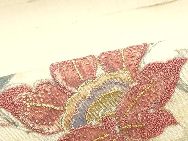 平和屋着物●中国三大刺繍 相良刺繍 九寸名古屋帯 手描き 生紬 花唐草文 象牙色 金彩 正絹 逸品 DAAW6688ob