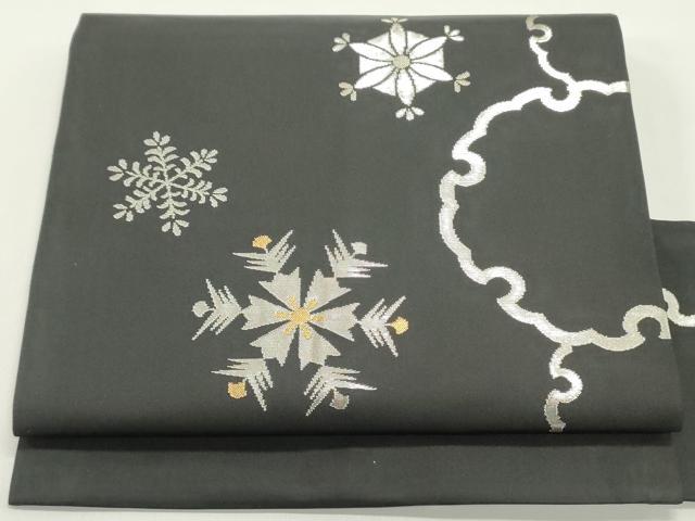 平和屋着物●九寸名古屋帯 翠鶴好み 雪輪 雪の結晶 黒地 銀糸 正絹 逸品 DAAW6800ob