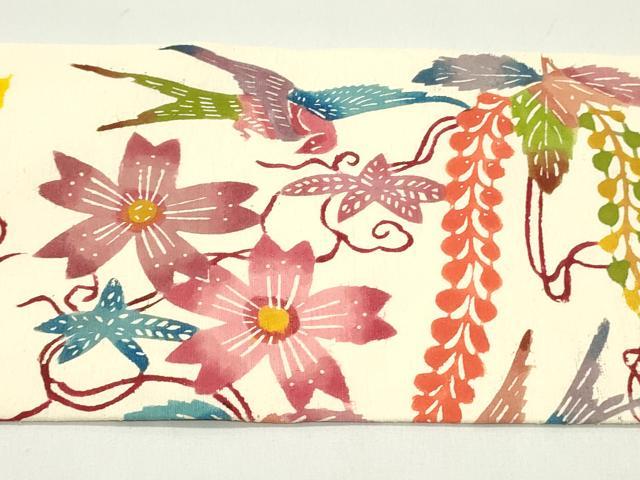 平和屋着物●九寸名古屋帯 紬地 型染め 花鳥文 薄卵色 正絹 逸品 DAAW6813ob