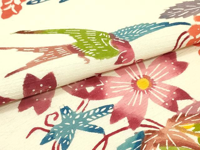 平和屋着物●九寸名古屋帯 紬地 型染め 花鳥文 薄卵色 正絹 逸品 DAAW6813ob