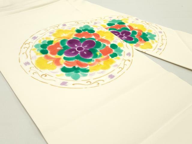 平和屋着物●塩瀬 九寸名古屋帯 手描き 更紗花丸文 薄卵色 正絹 逸品 未使用 DAAW6842ob