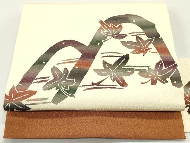 平和屋着物●九寸名古屋帯 型染め 遠山紅葉文 薄卵色 鬼しぼ縮緬 逸品 DAAW6865ob