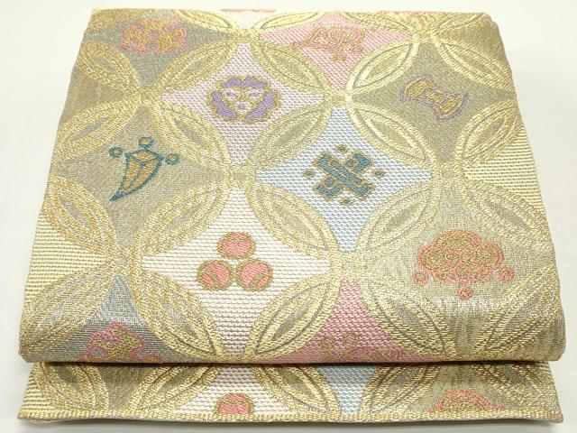 平和屋着物●六通柄袋帯 唐織 七宝花文 金糸 正絹 逸品DAAW6923ob