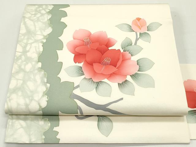 平和屋着物●塩瀬 九寸名古屋帯 手描き 枝椿間道 生成り色 正絹 逸品 DAAW6929ob