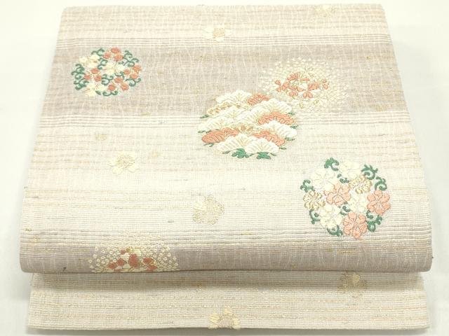 平和屋着物▽六通柄袋帯 スリーシーズン 春夏秋 唐織 花唐草丸文 金銀糸 正絹 逸品 DAAW6984ob