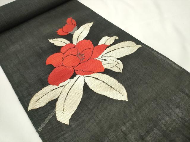 平和屋着物*夏物 西陣 名古屋帯 帯反物 枝花文 黒地 証紙付き 麻絹 逸品 未使用 DAAW7634zzz