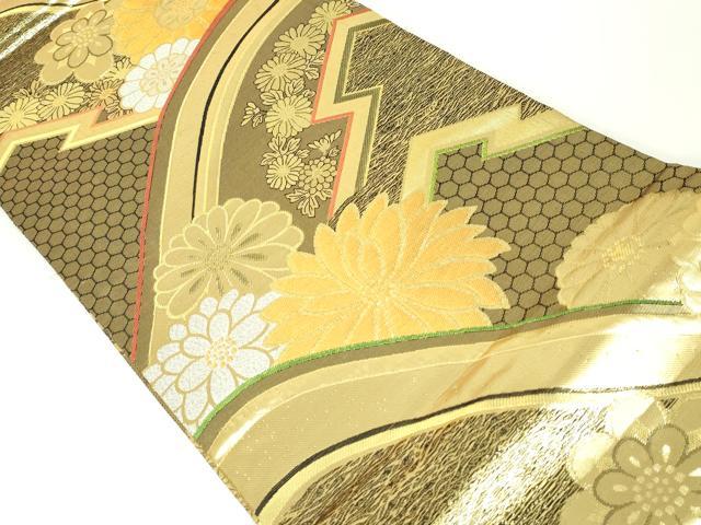 平和屋着物◎佐賀錦 両面 六通柄袋帯 幾何学花文 黒地 金銀糸 正絹 逸品 DAAW8648qa