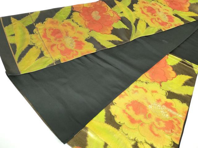 平和屋着物◎西陣 六通柄袋帯 草花文 黒地 金糸 正絹 逸品 DAAW8668qa