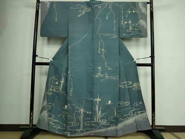 平和屋着物▽訪問着 単衣 生紬 流水草花文 正絹 逸品 DAAW9199sf