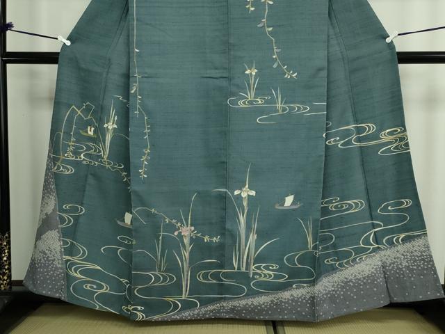 平和屋着物▽訪問着 単衣 生紬 流水草花文 正絹 逸品 DAAW9199sf