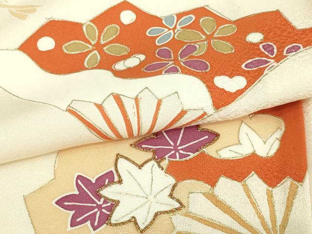 平和屋着物▽訪問着 単衣 駒刺繍 舞扇花文 金彩 正絹 逸品 DAAW9230sf