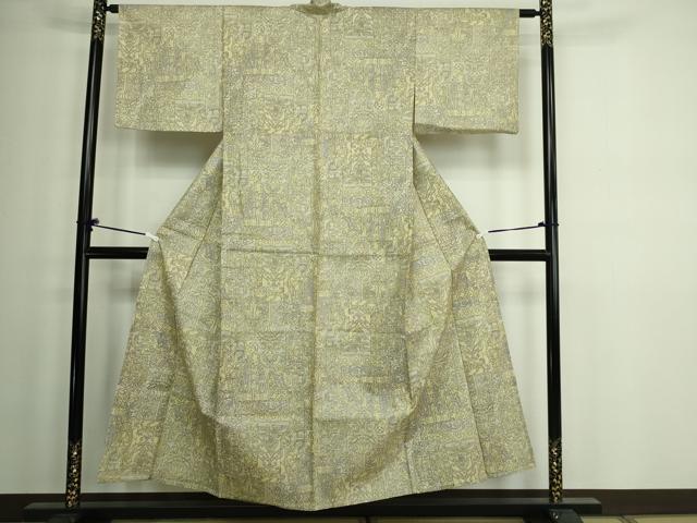 平和屋着物▽上質な紬 単衣 更紗花文 正絹 逸品 DAAW9260sf