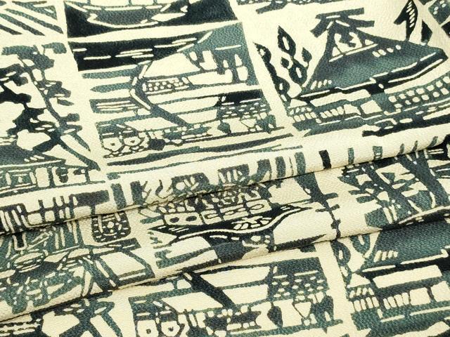 平和屋着物▽上質な小紋 単衣 型染め 風景文 鬼しぼ縮緬 正絹 逸品 DAAW9277sf