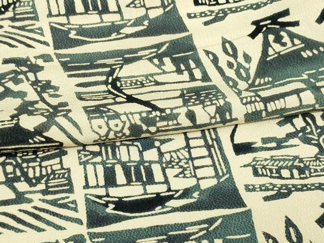 平和屋着物▽上質な小紋 単衣 型染め 風景文 鬼しぼ縮緬 正絹 逸品 DAAW9277sf