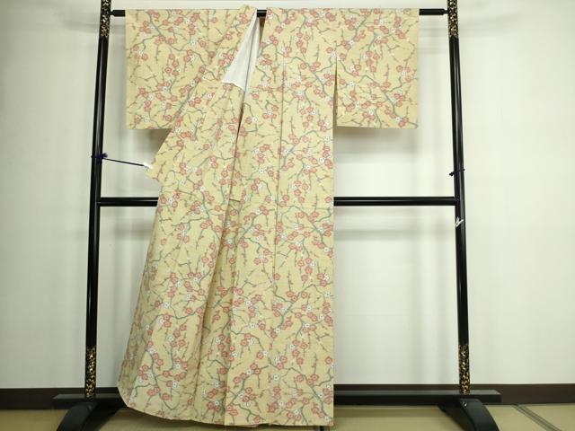 平和屋着物▽小千谷紬 単衣 枝梅 正絹 逸品 DAAW9285sf