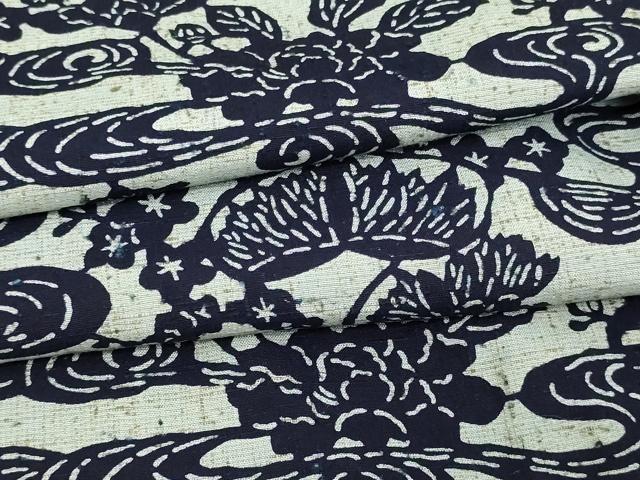 平和屋着物▽ぜんまい紬 単衣 型染め 草花文 正絹 逸品 DAAW9287sf