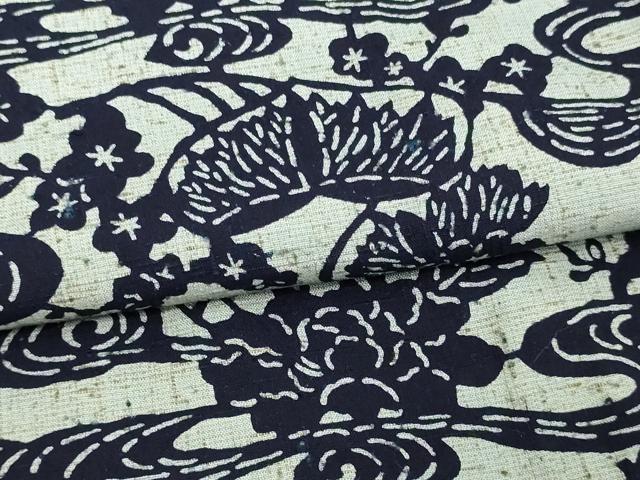 平和屋着物▽ぜんまい紬 単衣 型染め 草花文 正絹 逸品 DAAW9287sf