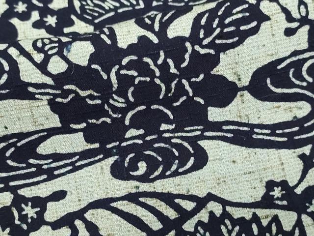 平和屋着物▽ぜんまい紬 単衣 型染め 草花文 正絹 逸品 DAAW9287sf