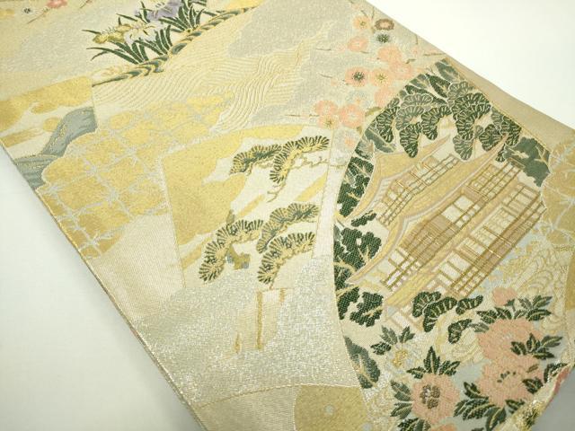 平和屋着物▼両面 六通柄袋帯 風景草花文 金銀糸 正絹 逸品 DAAW9317sf