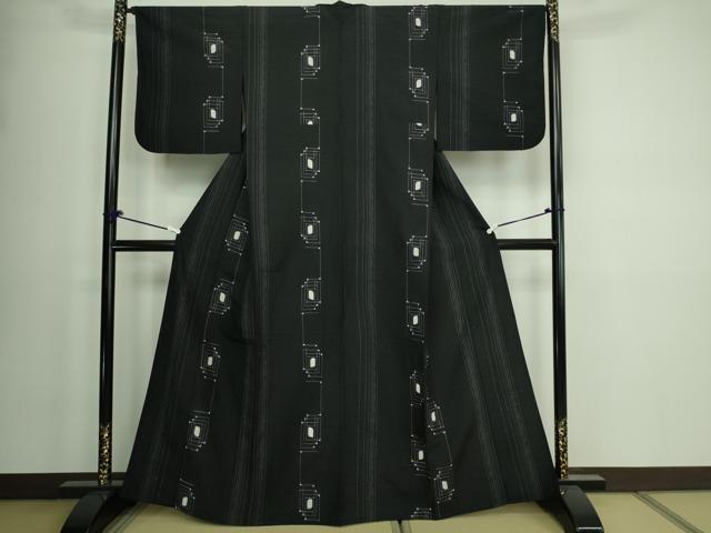 平和屋着物▽上質な紬 単衣 変わり間道 黒地 正絹 逸品 DAAW9354sf