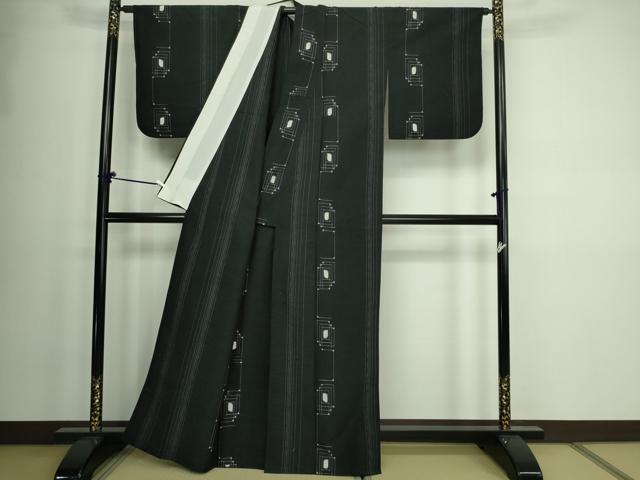平和屋着物▽上質な紬 単衣 変わり間道 黒地 正絹 逸品 DAAW9354sf