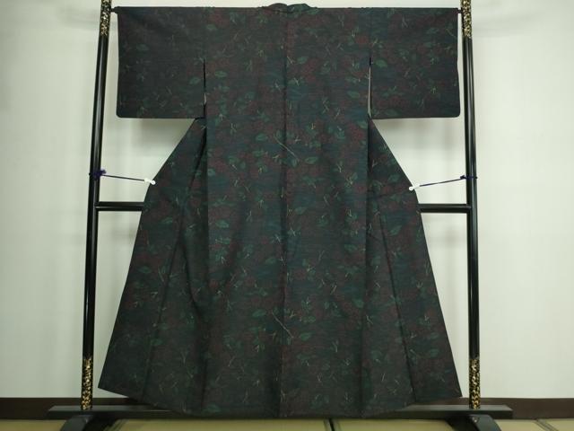 平和屋着物▽上質な紬 単衣 草花文 正絹 逸品 DAAW9369sf
