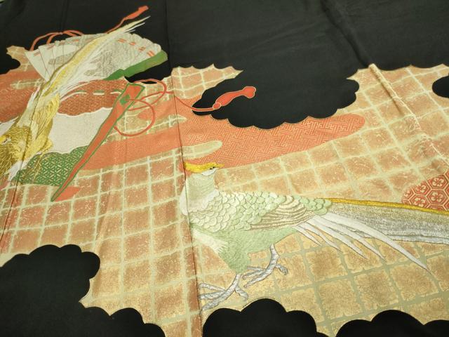 平和屋着物■豪華黒留袖 刺繍 檜扇尾長鳥花文 金銀彩 正絹 逸品 DAAW9573sf