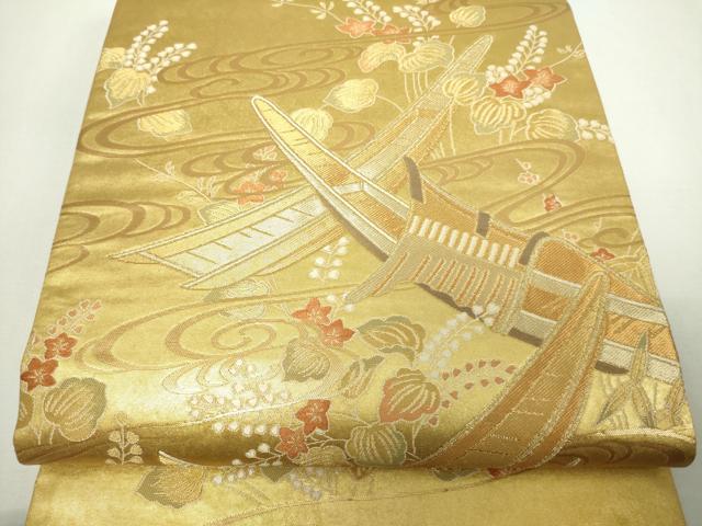 平和屋着物◎太鼓柄袋帯 水辺舟の国 金糸 正絹 逸品 DAAW9815sf