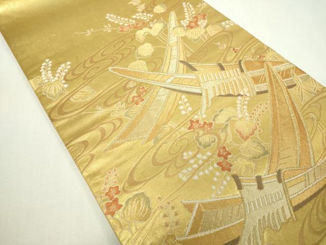 平和屋着物◎太鼓柄袋帯 水辺舟の国 金糸 正絹 逸品 DAAW9815sf