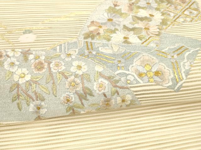 平和屋着物*夏物 絽綴れ 八寸名古屋帯 刺繍 地紙草花文 正絹 逸品 DAAX0029cm