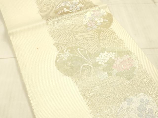 平和屋着物*夏物 九寸開き名古屋帯 流水団扇草花文 金糸 逸品 DAAX0034cm