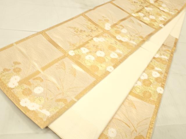 平和屋着物*夏物 六通柄袋帯 唐織 格子草花文 金糸 正絹 逸品 DAAX0037cm
