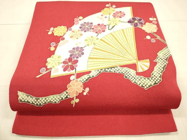 平和屋着物●九寸開き名古屋帯 舞扇枝花文 金彩 鬼しぼ縮緬 正絹 逸品 DAAX0062cm