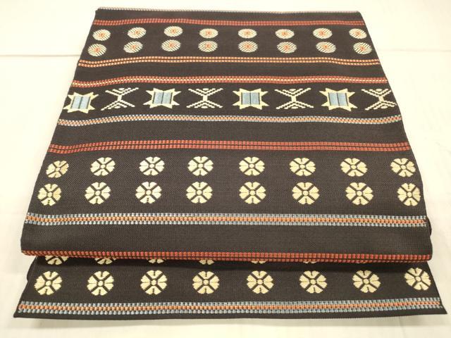 平和屋着物●本場筑前博多織 八寸名古屋帯 横段花文 正絹 逸品 DAAX0077cm